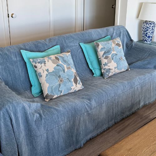 Karen's couch with a blue CouchCare protector